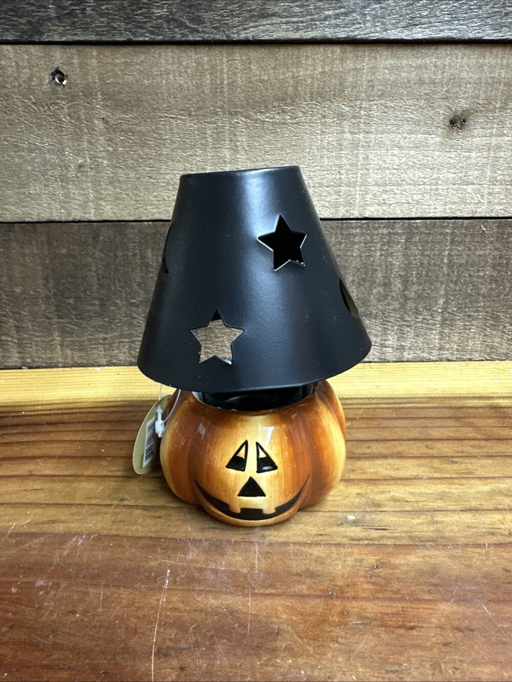 Halloween Ceramic Pumpkin Tea Candle Holder with Tin Shade -crazy Mountain